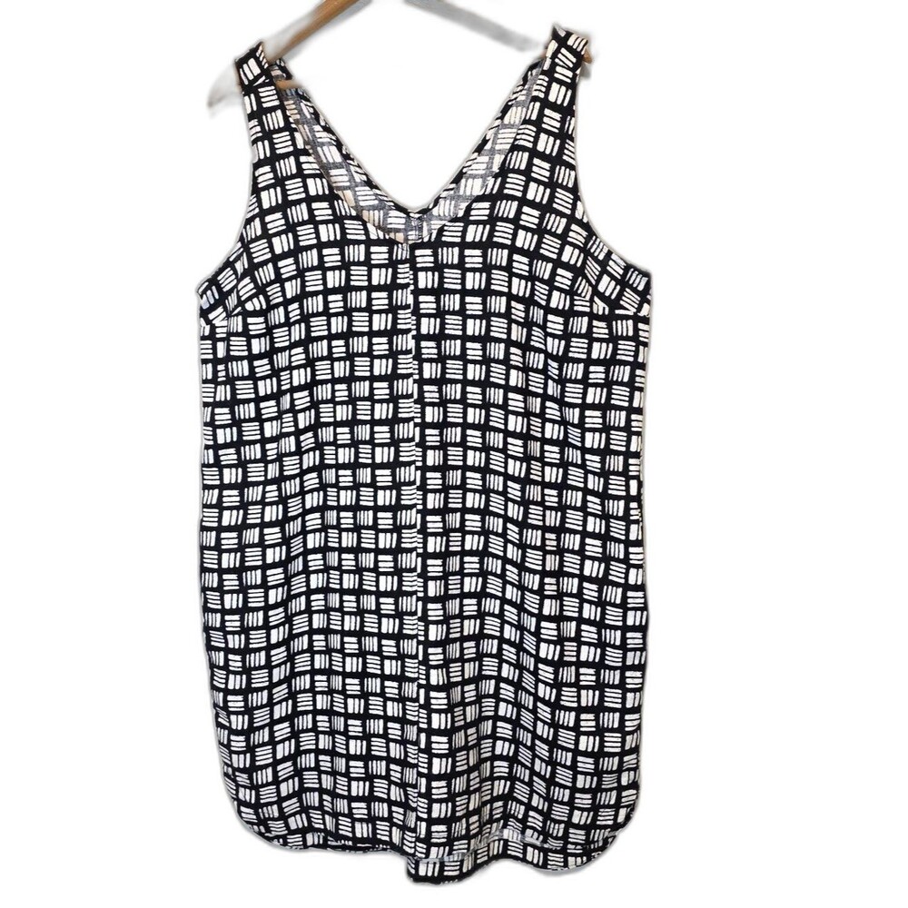 Old Navy Linen Tank Dress Black & White Geometric Beach Pockets Size Large